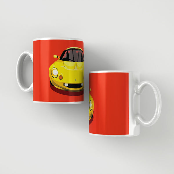 Lotus Elise S1 - Norfolk Mustard Yellow on red mug