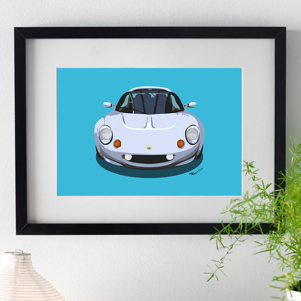 Lotus Elise S1 - silver on blue - A3/A4 Stylised Print