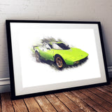 Lancia Stratos Stradale - Bright Green - A3/A4 Print "Splatter"